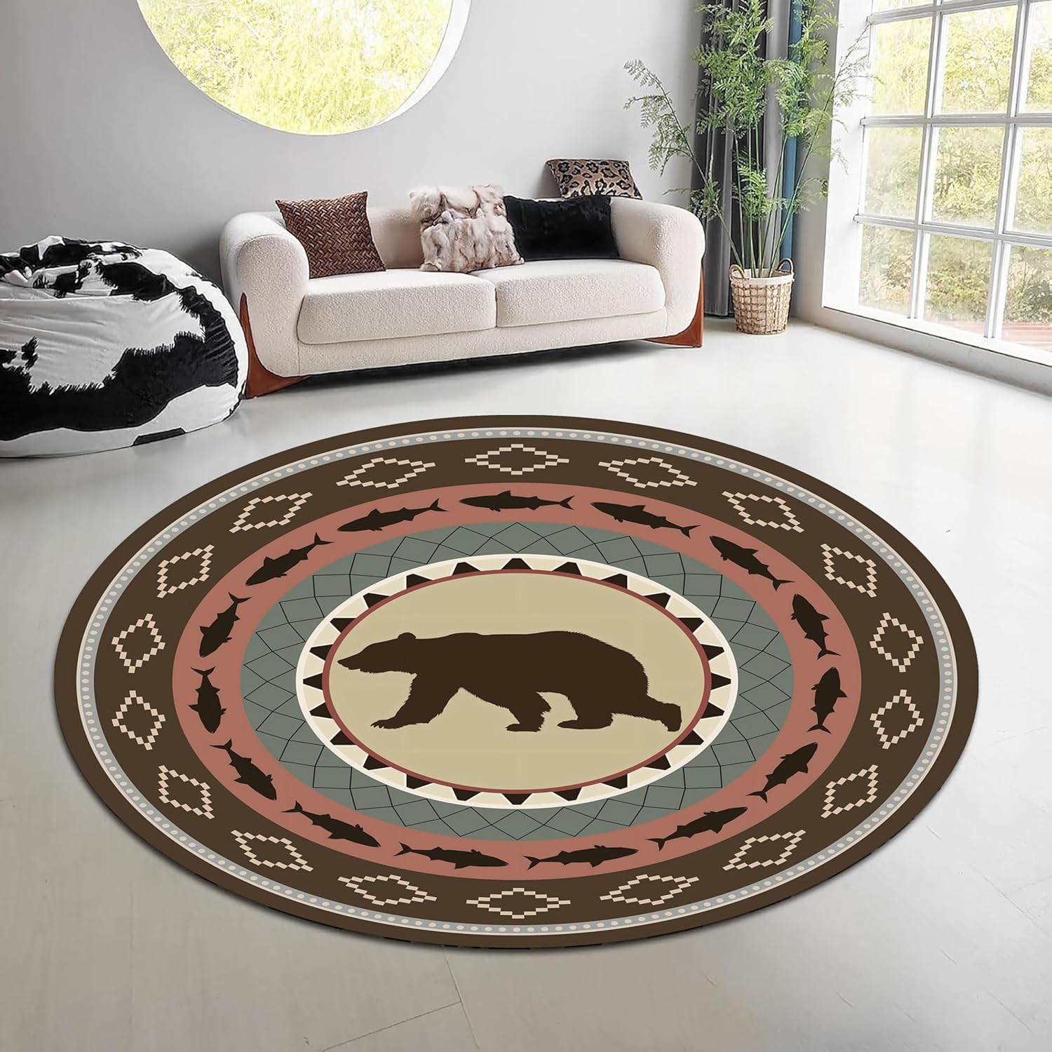Hunting Outdoor Rug - Vintage Doğa Ormanı Yuvarlak Halı Yeşil